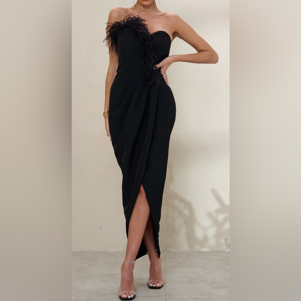 BLACK BANDEAU THIGH SPLIT MAXI DRESS WITH FEATHER TRIM